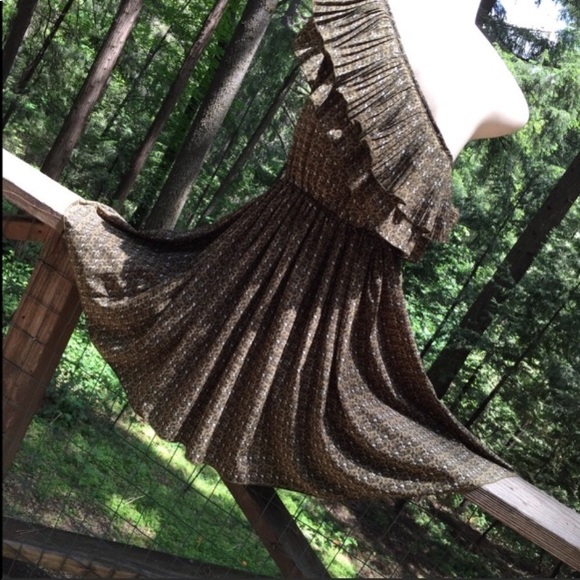 Ya Los Angeles retro print one shoulder chocolate brown mini fit/flare HP25x3 - Picture 7 of 11